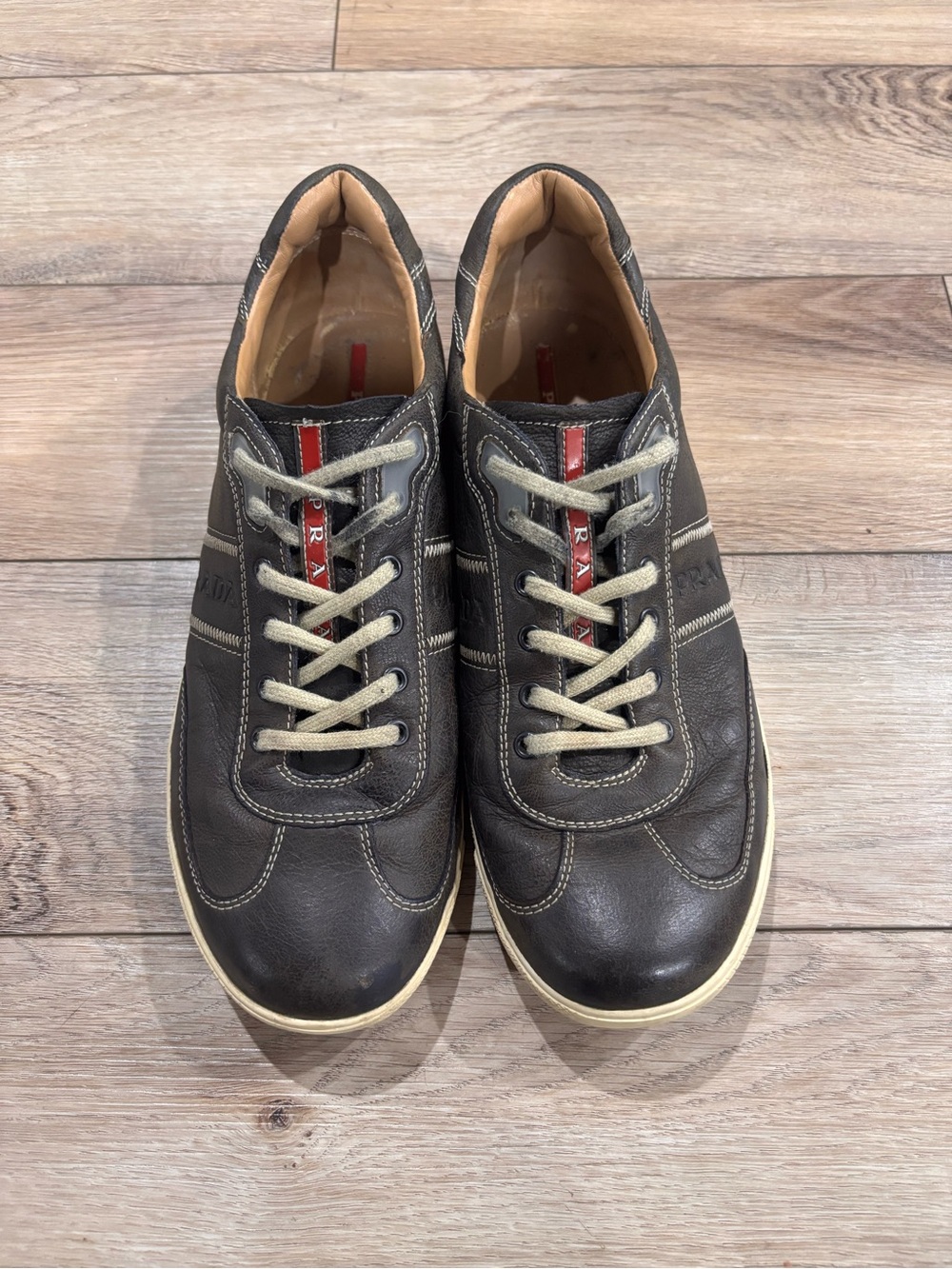 Prada Brown Leather Sneakers with Cream Laces